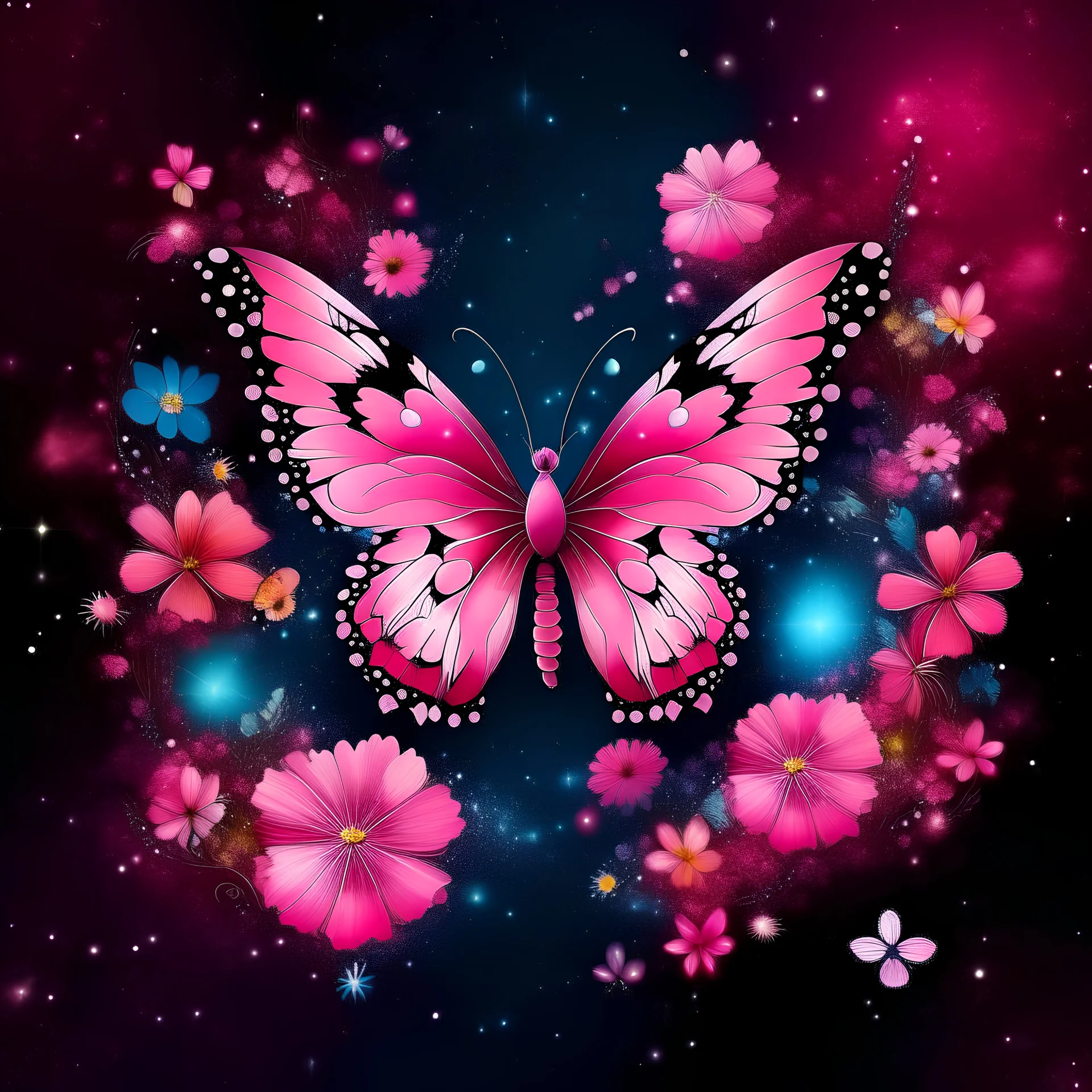 Crear una mariposa color rosa, con muchas flores alrededor en el espacio