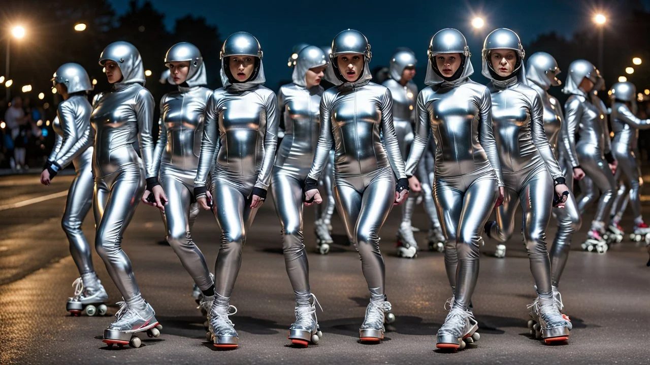 Hyperrealistisch dutzende Rollergirls völlig verhüllt von silber glänzendem Ganzkörper-Zentai mit geschlossenem verspiegelten Visier in identischen silberfarbenen, geschlossenen Helmen fahren in präziser Formation parallel nebeneinander und hintereinander mit silbernen Rollerskates unter Flutlicht auf Asphalt