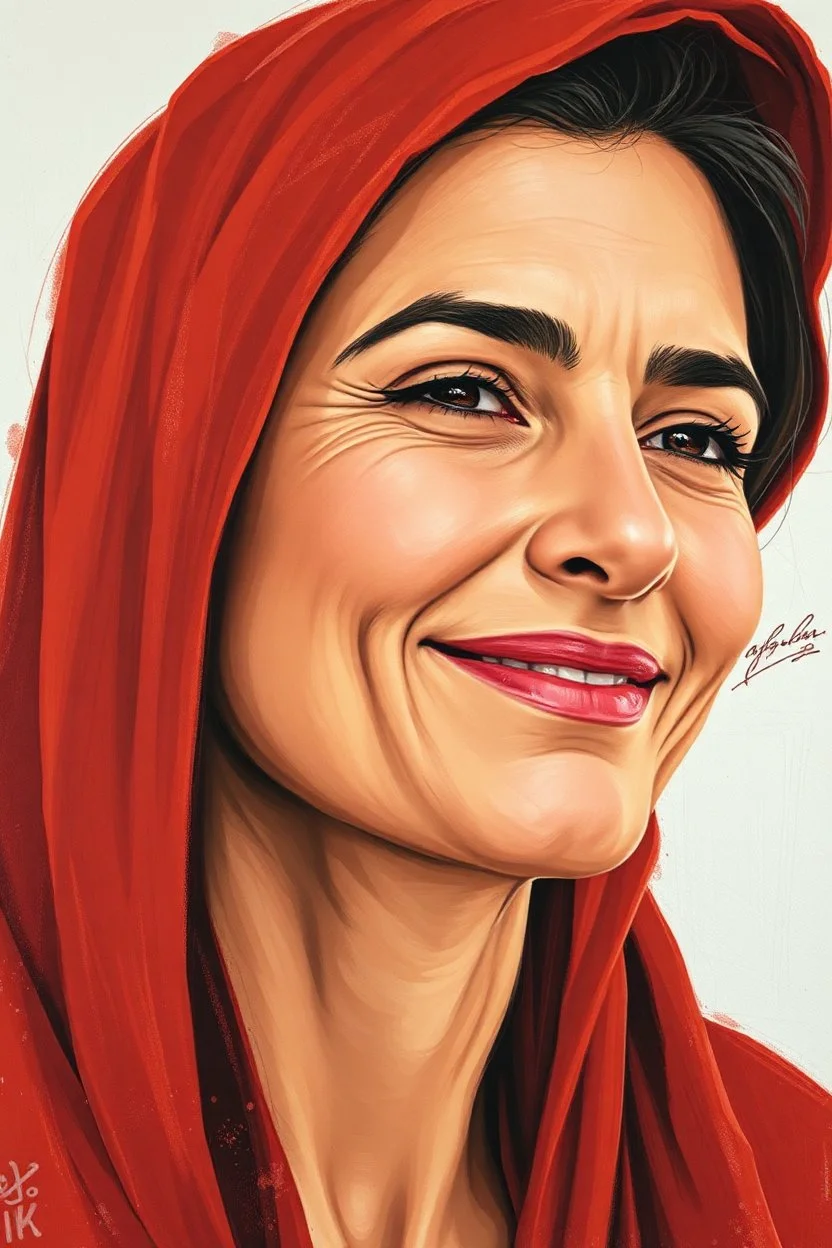 Palestinian woman with a beautiful face, turning her face slightly to the right, smiling slightly, her mouth closed, not showing her teeth, she looks drawn with oil paints