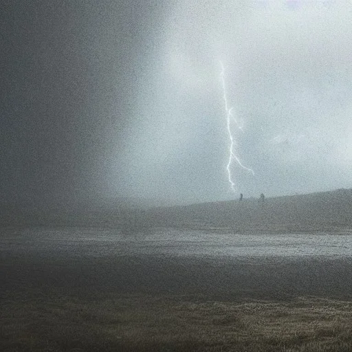 A princess standing. Epic scale. Heavy cold rain. Thunderstorm. Futuristic scenary. Gray mist.