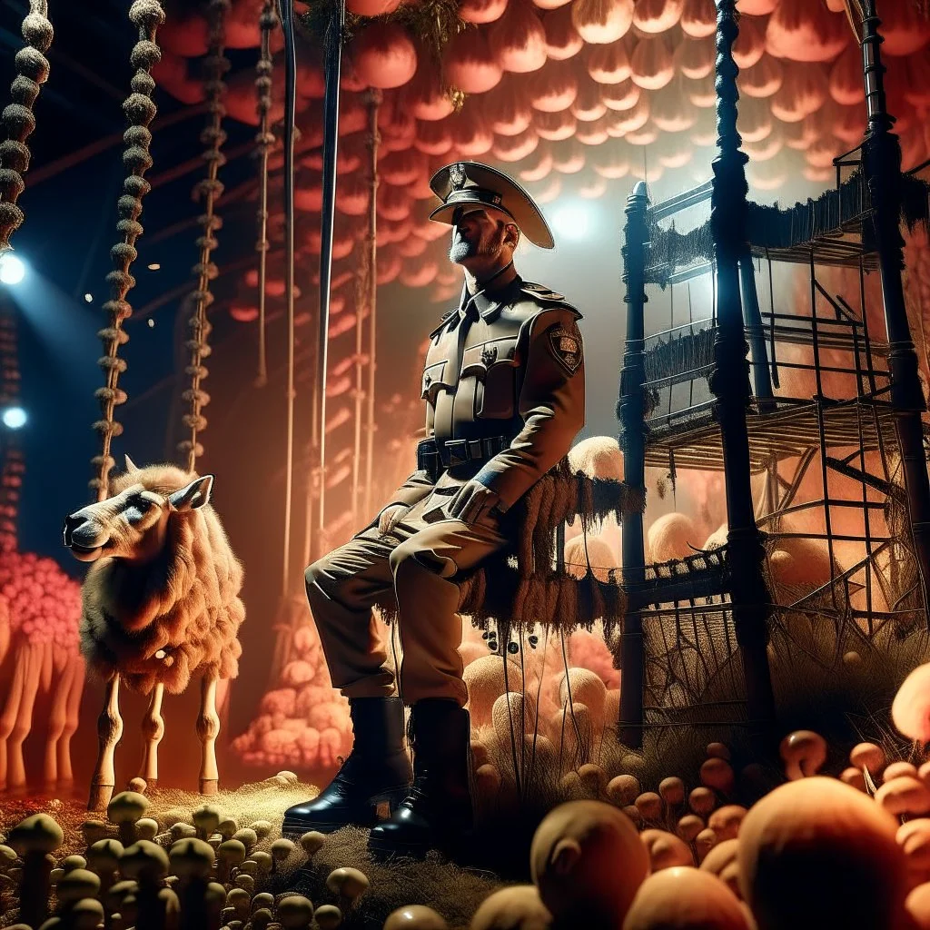 gritty portrait of macho gestapo army officer on a ladder inside glowing mushroom grove with huge fluffy space lama, 4 k, down-light, soft light, depth of field, photo realism, trending on art station, high detail, spray paint