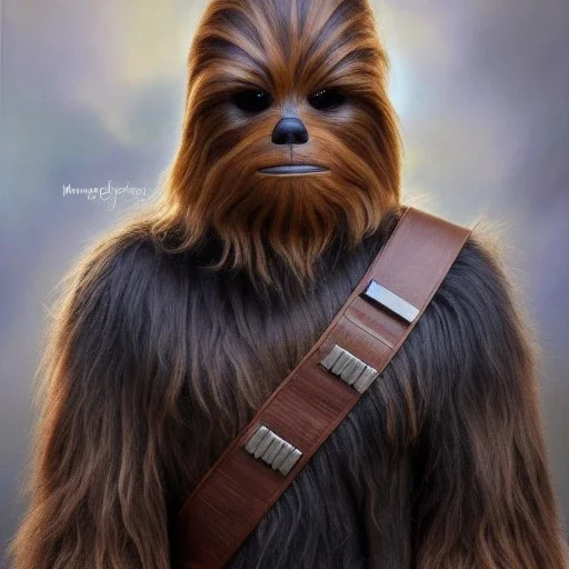 photorealistic and intricate portrait of chewbacca in star wars by Mandy Disher , wearing beskar armor, deep dark colors, hyperdetailed, 32K, oil on canvas,