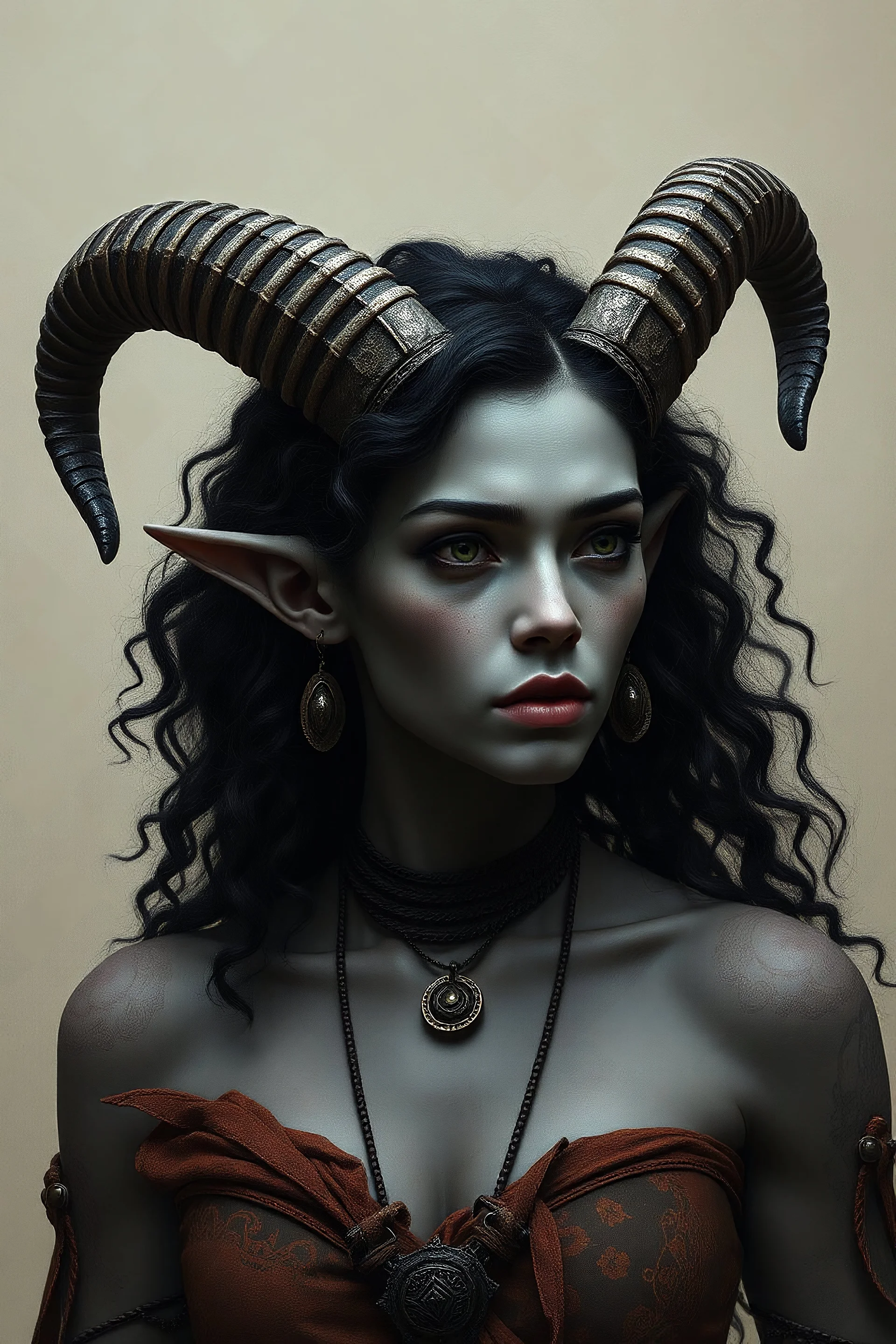 Grey skinned tiefling woman black curly hair goat horns