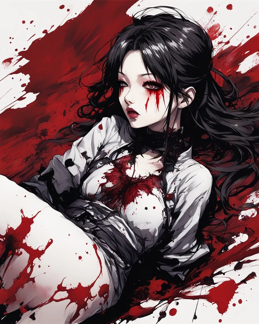 Petit girl goth, lying pose, halfbody, behind blood guts rising from the ground, illustration by <Yoji Shinkawa>, darkred tones,