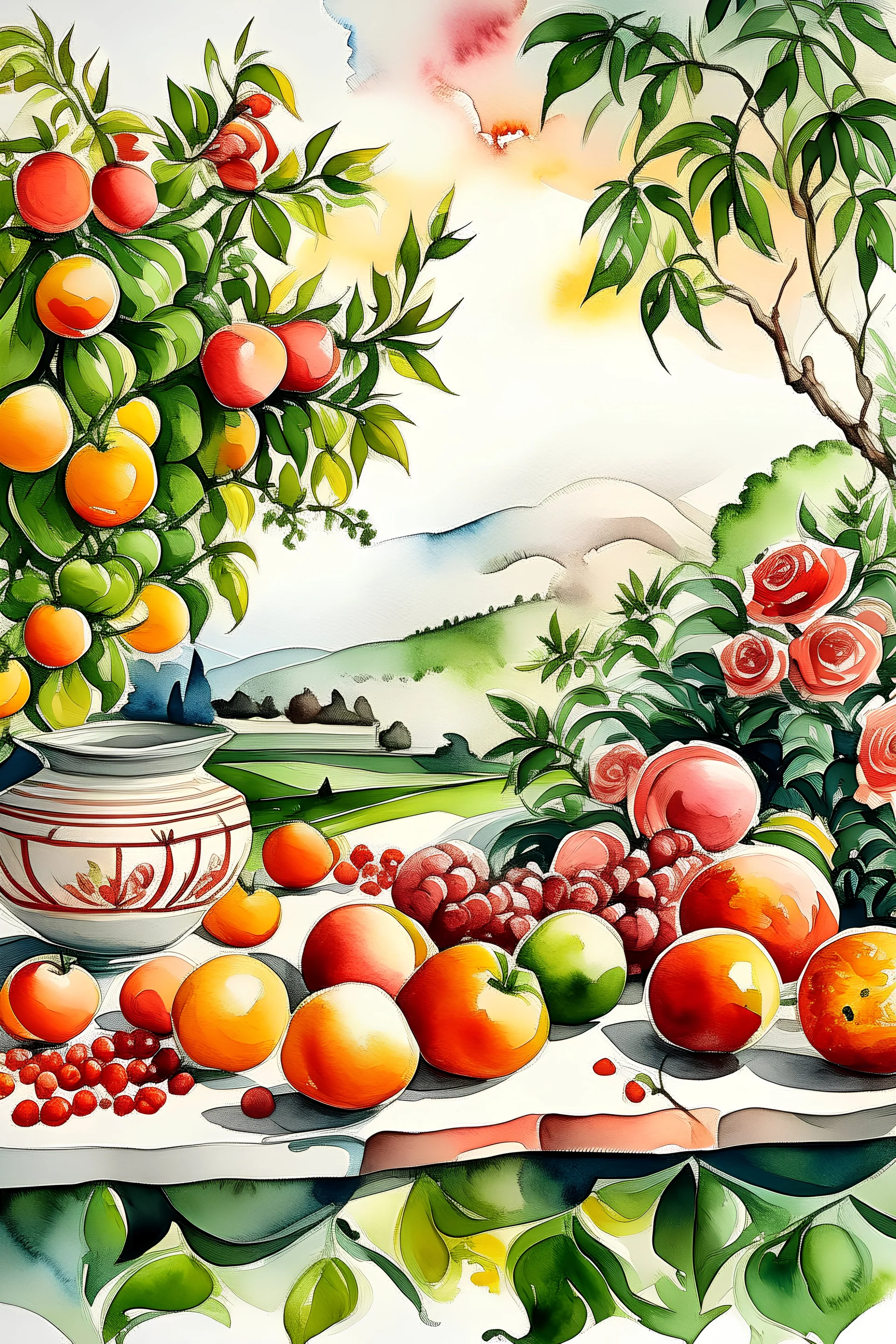 watercolor ,still life with rozes and fruits,, maTny colors, detailed, colorize, white background a hills, surrounded by green cypress trees and blooming fields. Infuse the scene with sunlight, conveying a cozy and tranquil atmosphere. a white background 9:11