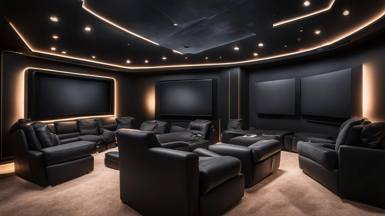 black themed home cinema room, recliners, ambient lighting, warm environment