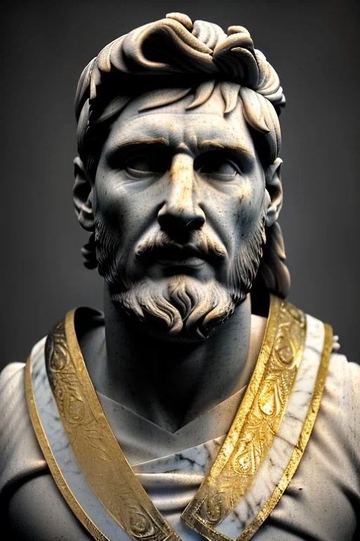 Ultra Realistic image, Roman sculpture, white marble material, Lionel Messi, gold Laurel leaves wreath, renaissance ornaments, one gold star in heart, sun ornament, sun rays background, chisel style, waist up portrait, emperor style, epic, celestial, cinematic lighting, God light, god rays, 4k resolution, smooth details, ornate details, soft lighting, unreal engine 5, art station, substance 3d.