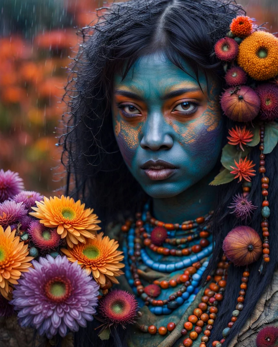 Vibrant autumn foliage in a rain-kissed setting, Ikebana arrangement, Haiku poetry inspiration, Japanese garden elements, autumn asters, Utagawa Hiroshige essence, Isaac Levitan influence, woman with dark skin, tribal markings, mysterious expression, piercing eyes, flowing black hair, colorful beads, layered textiles, bright hues, ornate jewelry, cultural richness, dark, blurred backdrop, GoBi, Наталья И-ва.Mystical character with pale blue scaly skin, icy green eyes, dark eyeliner, cascading da