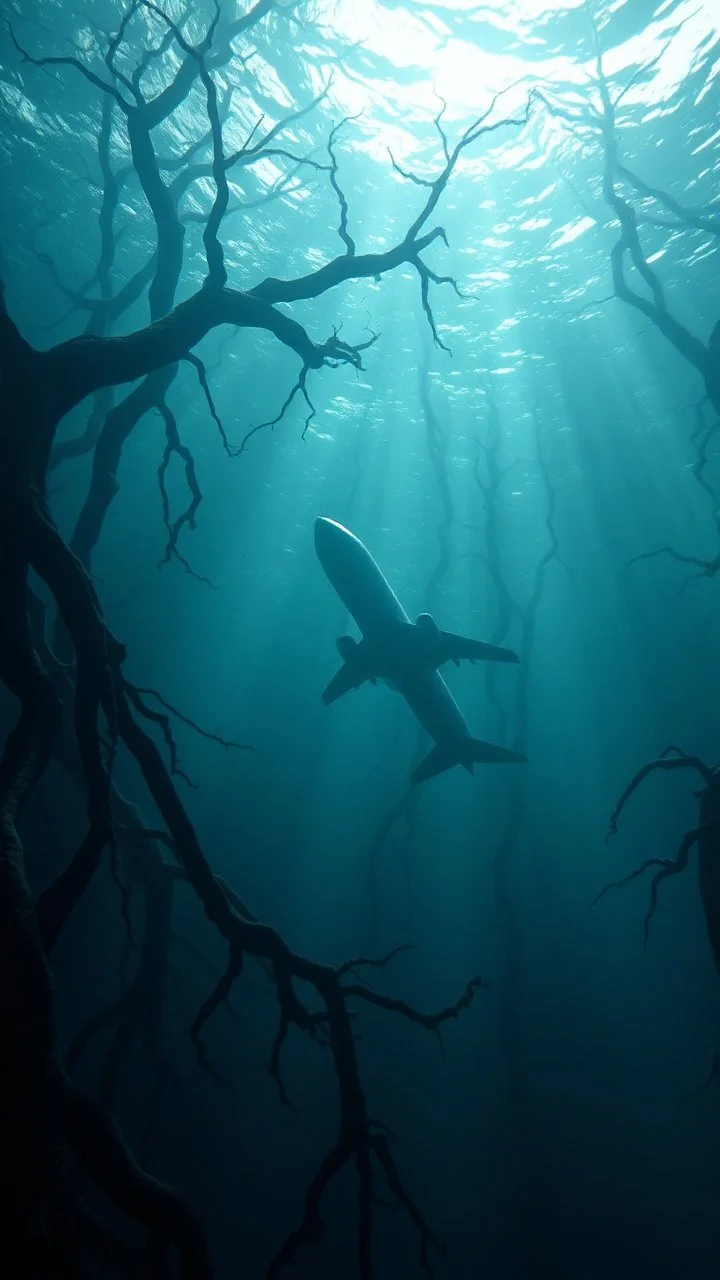 An aunderwater , black vein, human veins, mixing together a lot of them, like a forest, big and small veins a lot of them, an airplane sinking underwater