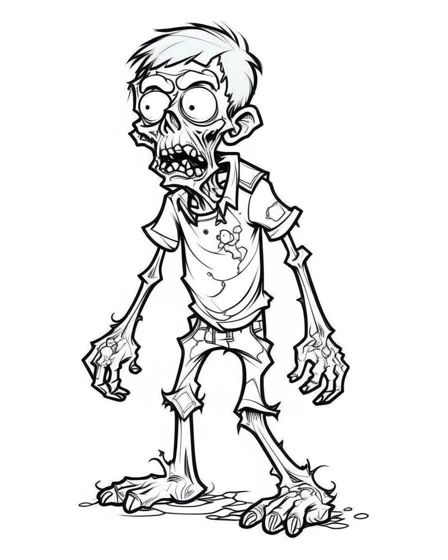 cartoon zombie, coloring image, full body (((((white background))))), only use an outline., real style, line art, white color, clean line art, white background, Sketch style