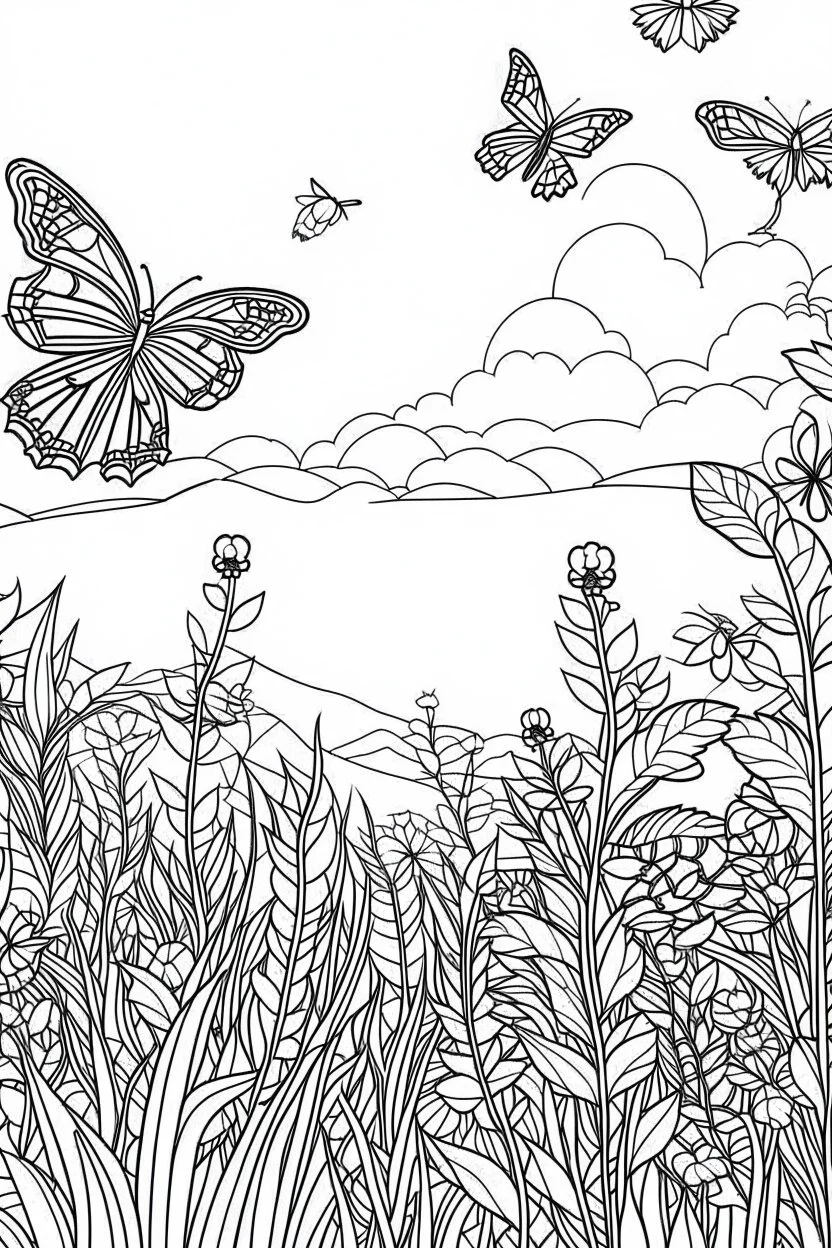 A meadow filled with colorful butterflies fluttering about symbolizes the beauty and freedom of the natural world.., coloring book page, simple and clean line art, adult drawing book, black and white, crisp black lines, no shades, sharp lines, coloring book for adults, cartoon style, landscape