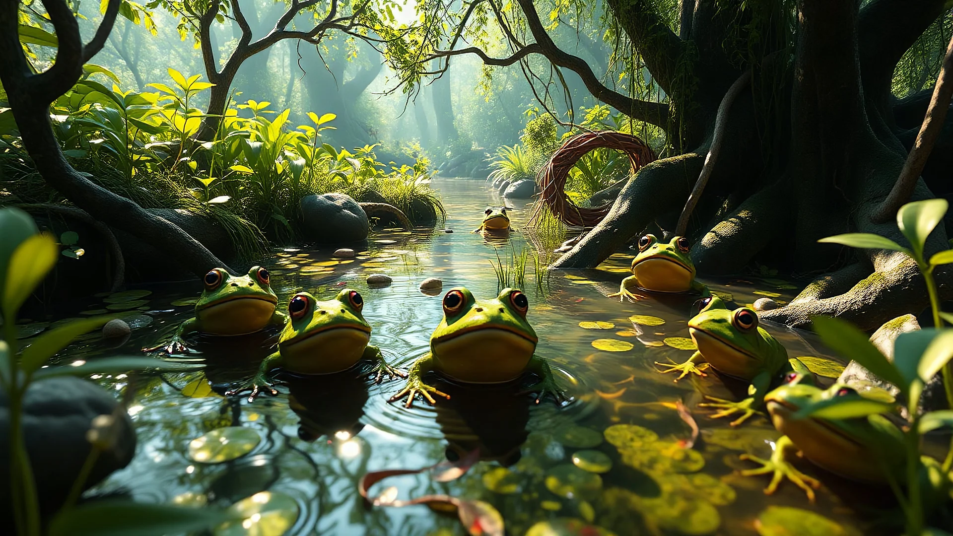 beautiful lively and cheerful fantasy swamp with frogs and leeches, global illumination, raytracing, high quality,