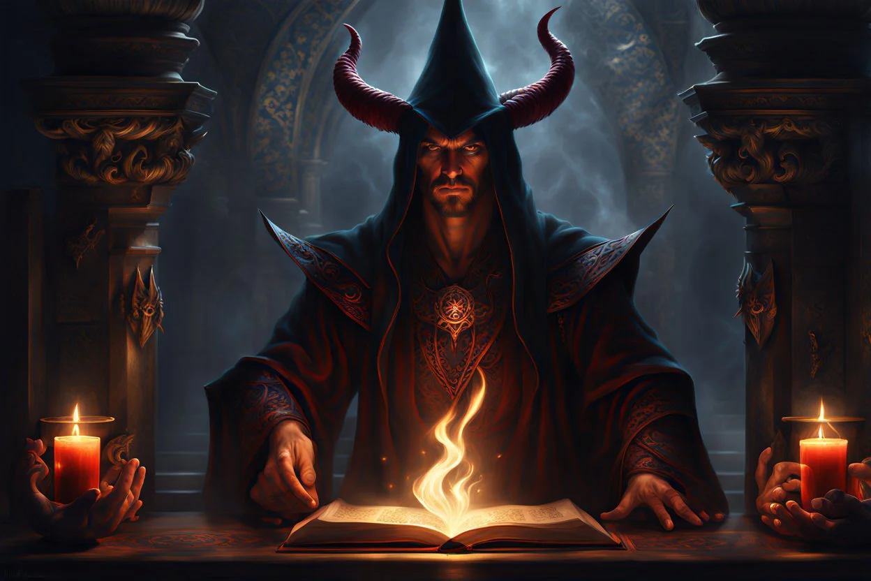 A dark sorcerer, magic spell, head of the demon, demon, devil, magical, mystical, photoshop painting, by Jason Chan. fantasy concept art, exquisite realism, a masterpiece, dynamic lighting, hyper detailed, intricately detailed, deep color, Unreal Engine, volumetric lighting , Epic cinematic brilliant stunning intricate meticulously detailed dramatic atmospheric maximal,