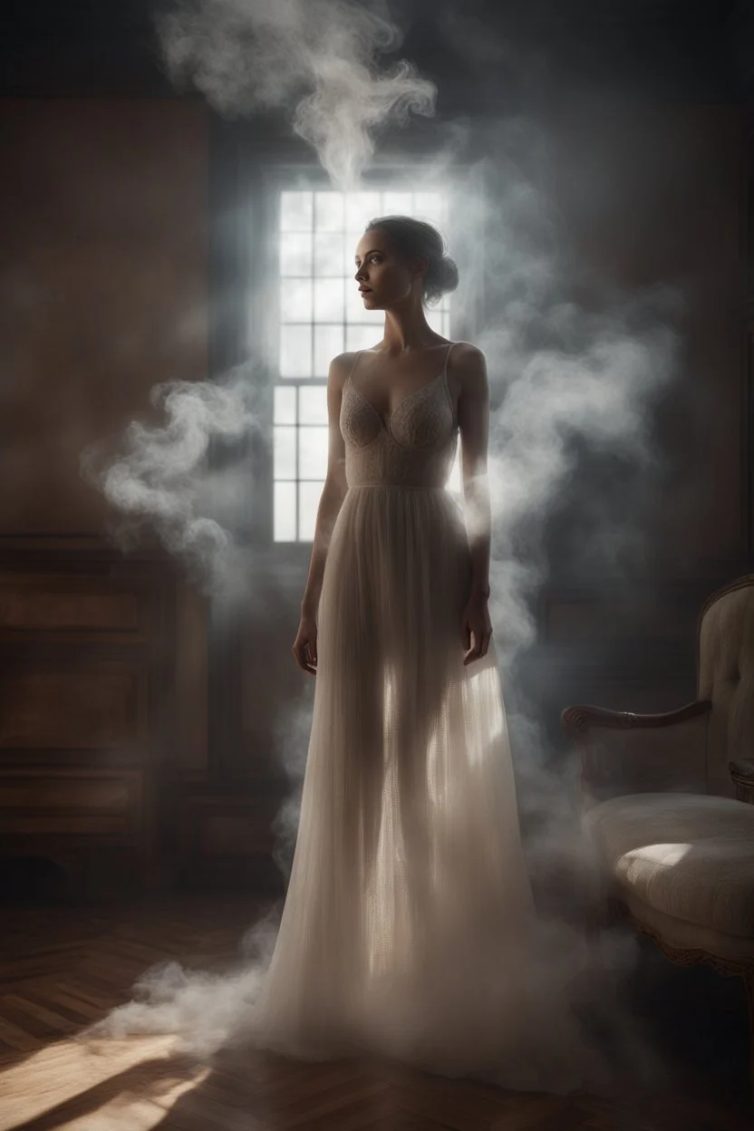 transparent woman made of smoke haunting a room. full body shot. fantasy setting, Cinematic lighting, Volumetric lighting, Epic composition, Photorealism, Very high detail, Character design, Unreal Engine, Octane render, HDR, Subsurface scattering, fantasy art,