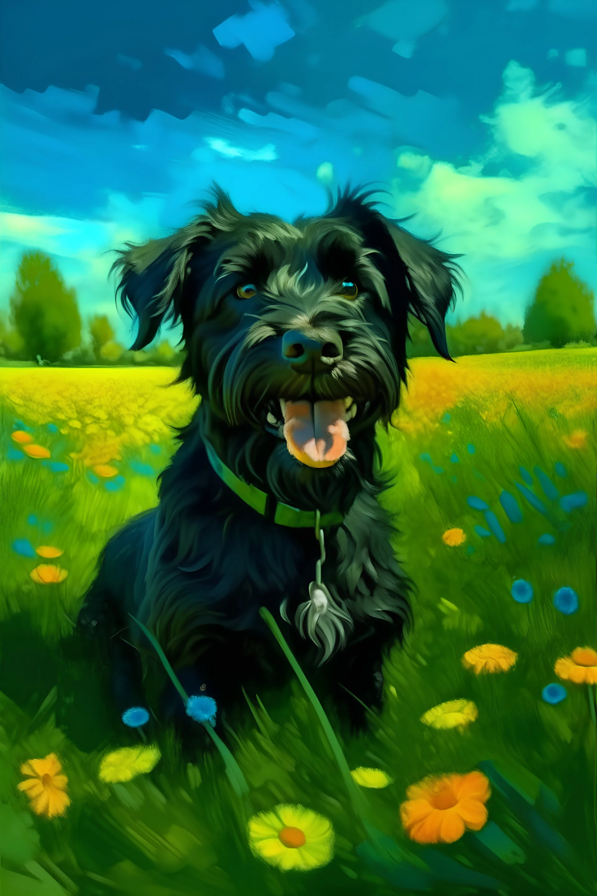 crea una imagen tipo retrato con un perro negro de buen pelaje, alegre, en un campo verde con flores, con un cielo azul con pocas nubes, con una atmosfera alegre, con saturación suave, colores cálidos, al estilo van gogh