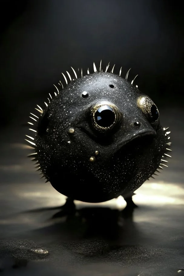 Solid spherical creature, black eyes, very small mouth, lighting body, The creature is steel , high details, stunning realistic photograph