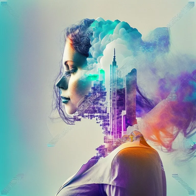 smoke plume, smog, city scape with pollution, woman, double exposure photography, colourful nature, clean sharp focus, on white background, Fractal Geometry buildings, sacred geometry