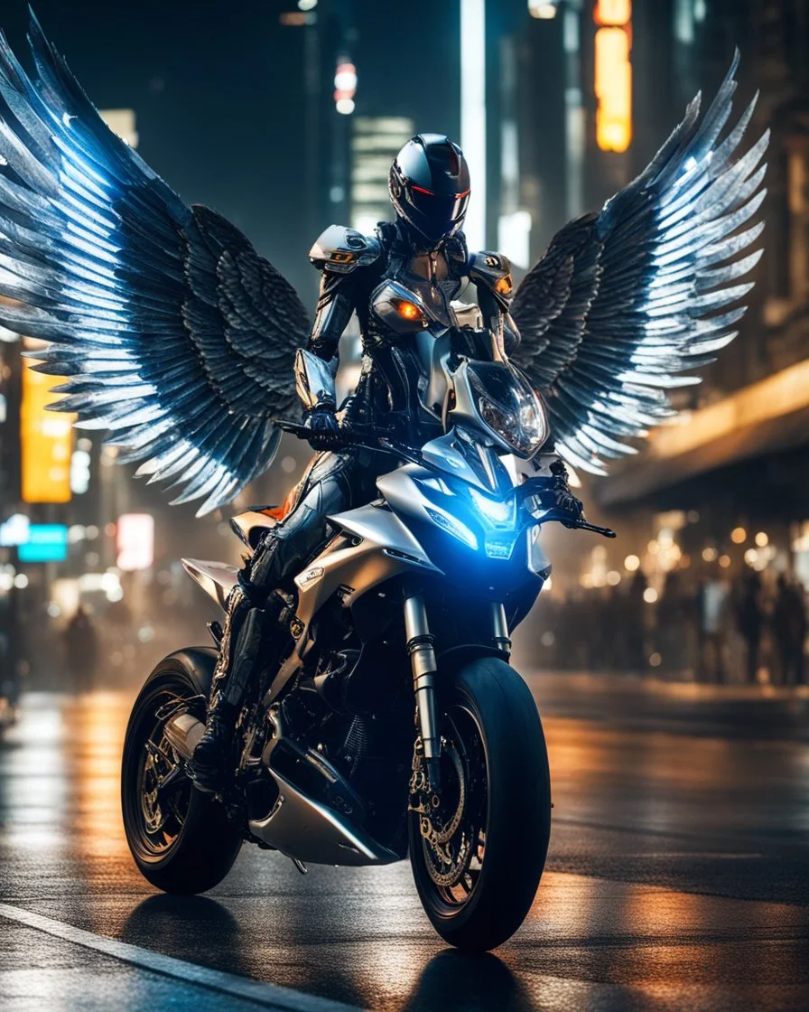 Facing front view A full length Beautiful humanoid Angel ,straddle wings ,mixed with a body cyborg,driving motorsport Ducati futuristic on street futuristic cyberpunk city night, 8k ultra detail photography