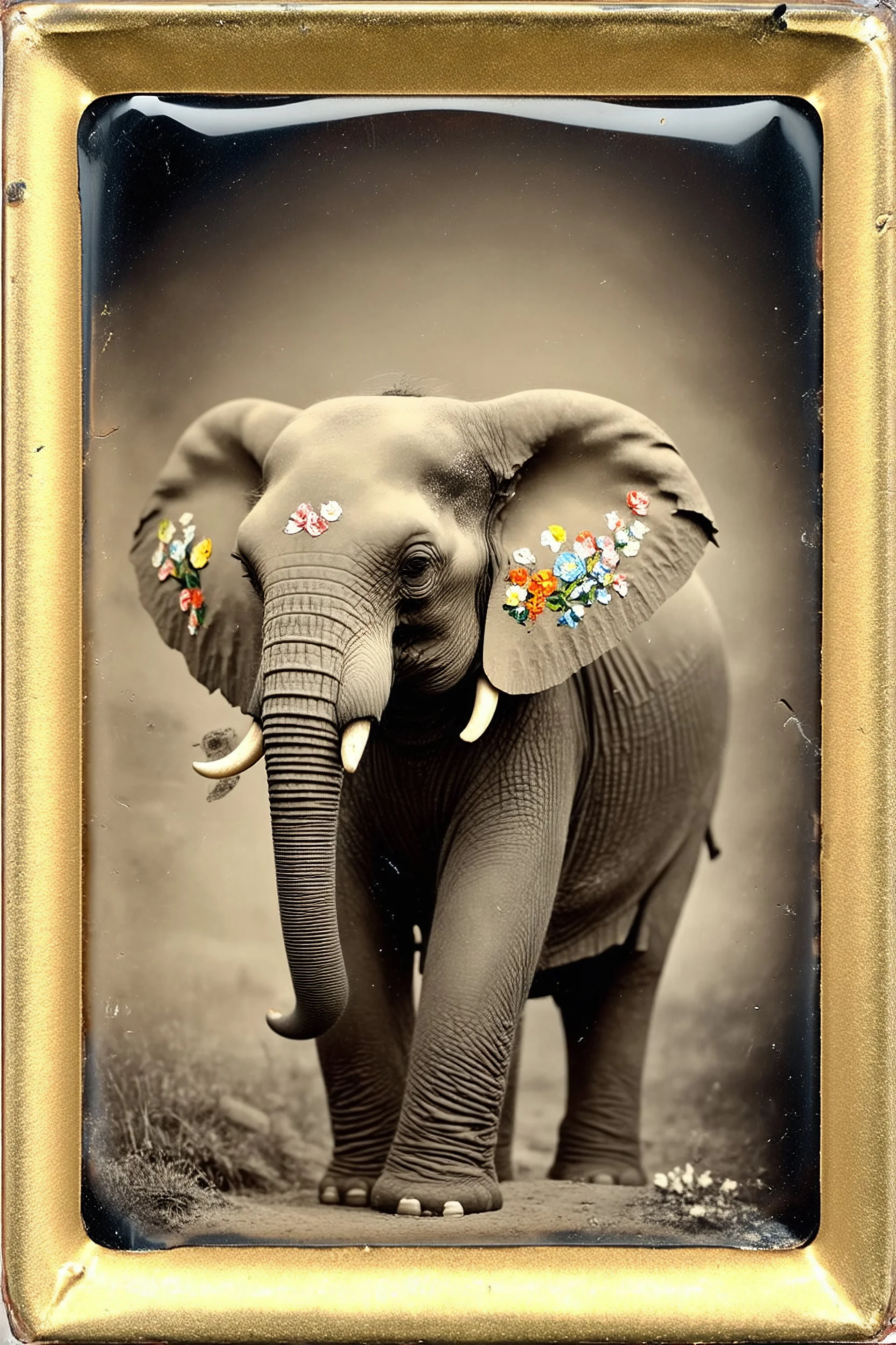 Elephant avec des fleurs pei tes, , tintype