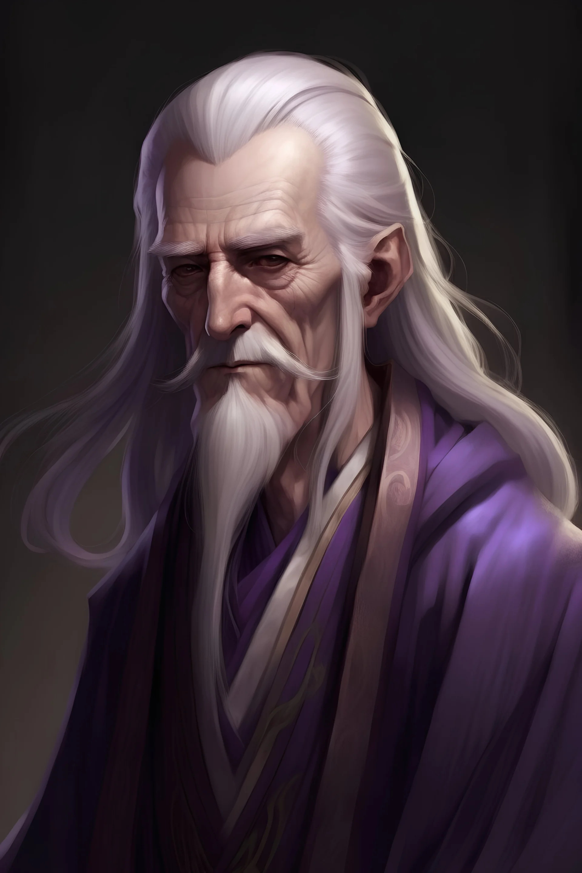An old man, blind, long braided white hair, flowing purple robes, clean shaven bony face, sinister smile, realistic epic fantasy style