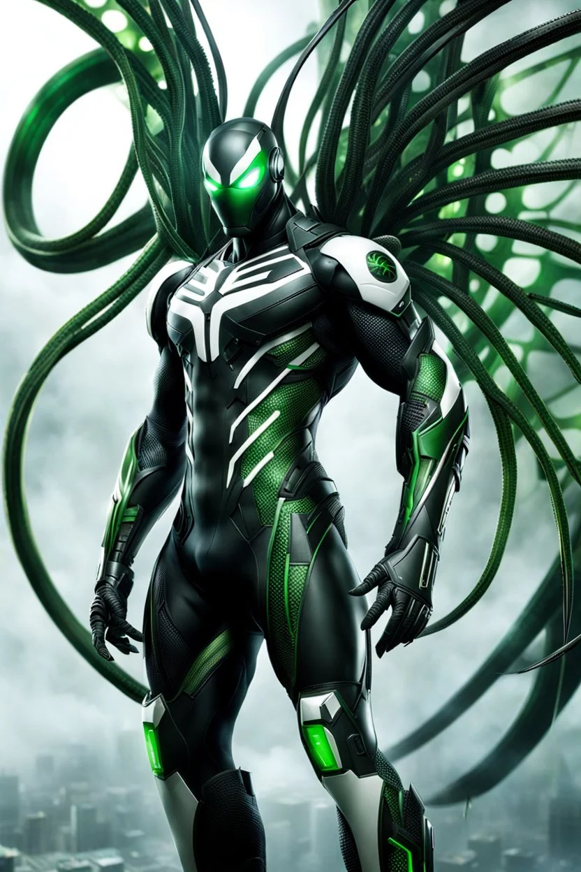 Cyborg symbiote, white color, green color, tendrils, high tech, cyberpunk, biopunk, membrane wings, carbon fiber, cyber tentacles, and the other two.