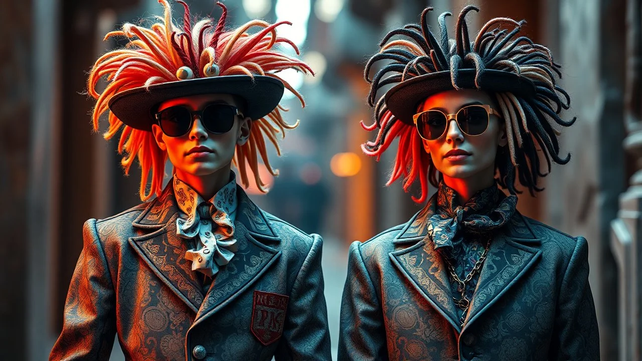 Nikon D850 with AF-S NIKKOR 24-70mm f/2.8E ED VR lens at f/5.6: [Two innovative friendly individuals wearing strange, suave, beautiful, fantasy fashionable clothing] in a [parallel universe], showcasing [full-height figures from head to foot with intricate details], [vibrant colors and deep shadows], creating [a surreal and captivating atmosphere with precise textures and anatomy]. focus peaking enabled, Nikon Picture Control with enhanced color grading.