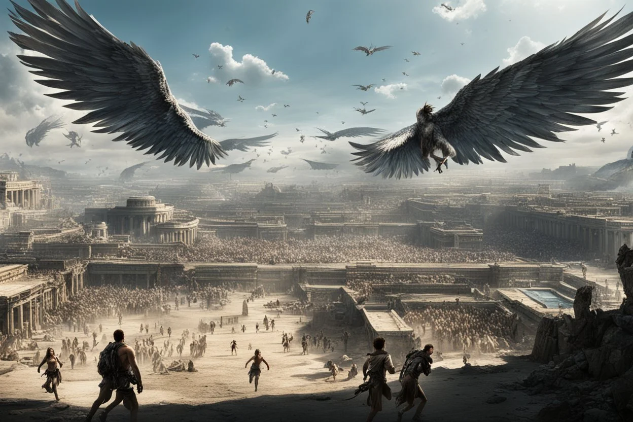 View of Elysium with winged females flying over people running away in fear
