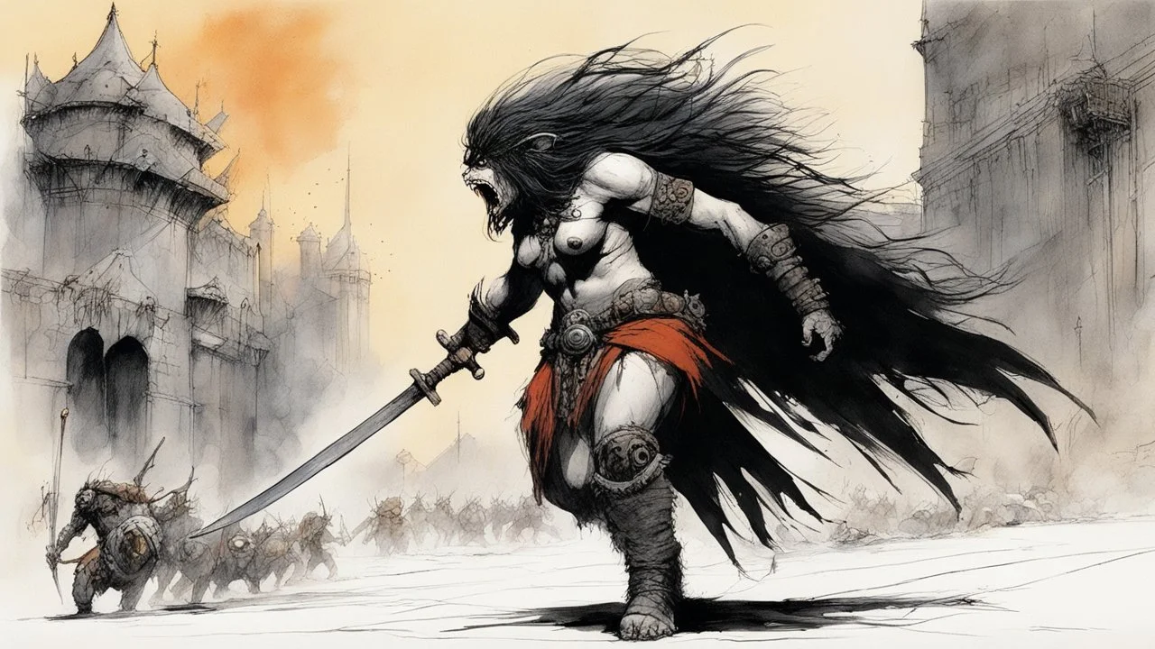 [high res illustration by Ralph Steadman] the back of the Barbarian female warrior who is aremed to fight in the shadows of the labyrinth city of Lankhmar: In the center of the dark plaza, is a creature which body is a grotesque amalgamation of dust and fumes, twisting, motioned by some unspeakable evil. Its threatening eyes are burning coals.