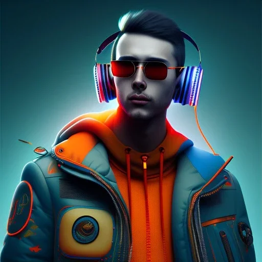 Bird toddler, smile, cyberpunk headphone, sunglass, gangsta neckless, full body, orange puffer jacket, tokio background, dramatic lighting, hyper realistic, unreal engine 5, 16k