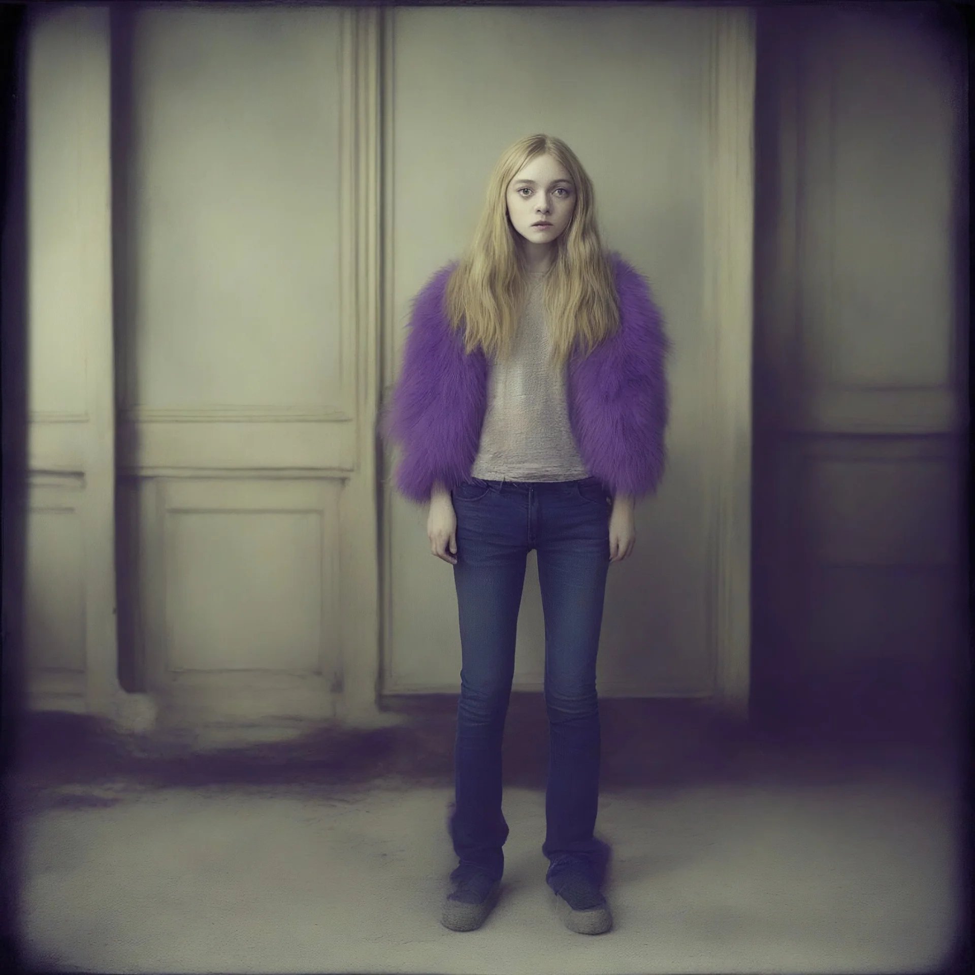 Dakota fanning, hippie girl, jeans, purple fur, in a liminal empty room, old autochrome
