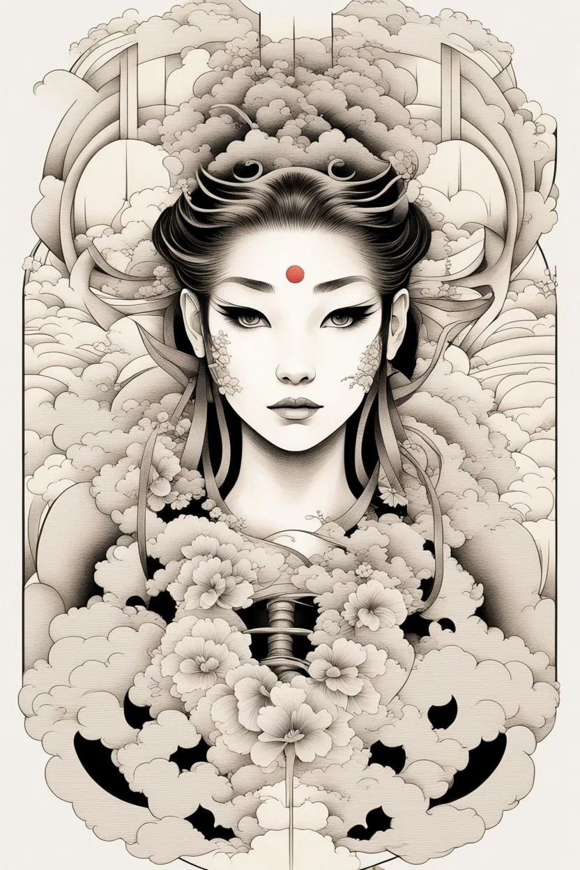 Create a captivating modern 2d Japanese tattoo design for print , using the elegant influences of japan art style, for print, dynamic elements from fashion and design, and bold Japanese art aesthetics, framing centered in the center, distanced from the edges of the paper perimeter, perfect anatomy, bauhaus, Divine Proportion,