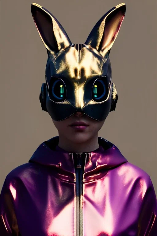 Medium Close Up Portrait, Front image. cyberpunk, rabbit mask, Asian woman, pink hair. latex tracksuit. Red, black, gold, color. Cyber style. Color background, photo studio. Avatar image, highly detailed, concept art, smooth, unreal engine 5, god rays, ray tracing, RTX, lumen lighting, ultra detail, volumetric lighting, 3d, finely drawn, high definition, high resolution.