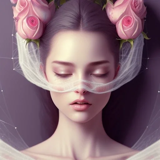 woman sleeping on satin pillow with spiderwebs covering face and hands crossed against chest holding roses, 8k, high-quality, fine-detail, intricate, sharp, crisp, digital art, detailed matte, illustration, octane render, brian froud, howard lyon, Anne Dittman, Anne Stokes, Lisa Parker, Selina French