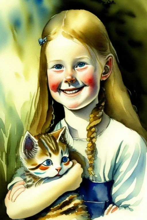 A cute smiling scandinavian girl is holding a kitten. Watercolour