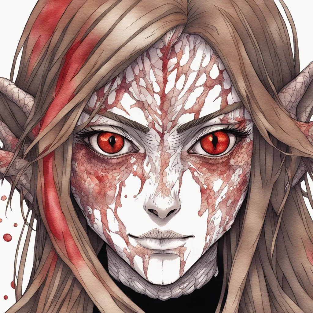 a close-up headshot of a woman long brown hair, red eyes, sharp teeth, scaly skin, pointed ears, intricately detailed, colored sketchy manga style, splotchy watercolor background, experiment