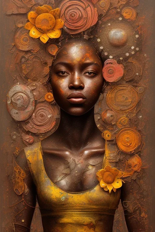 an abstract painting of rusted metal and flowers, african portrait, rust, scaffolding, iron cladding, decay, mixed media, textured, anatomically correct, beautiful perfect face, sharp focus, highly detailed