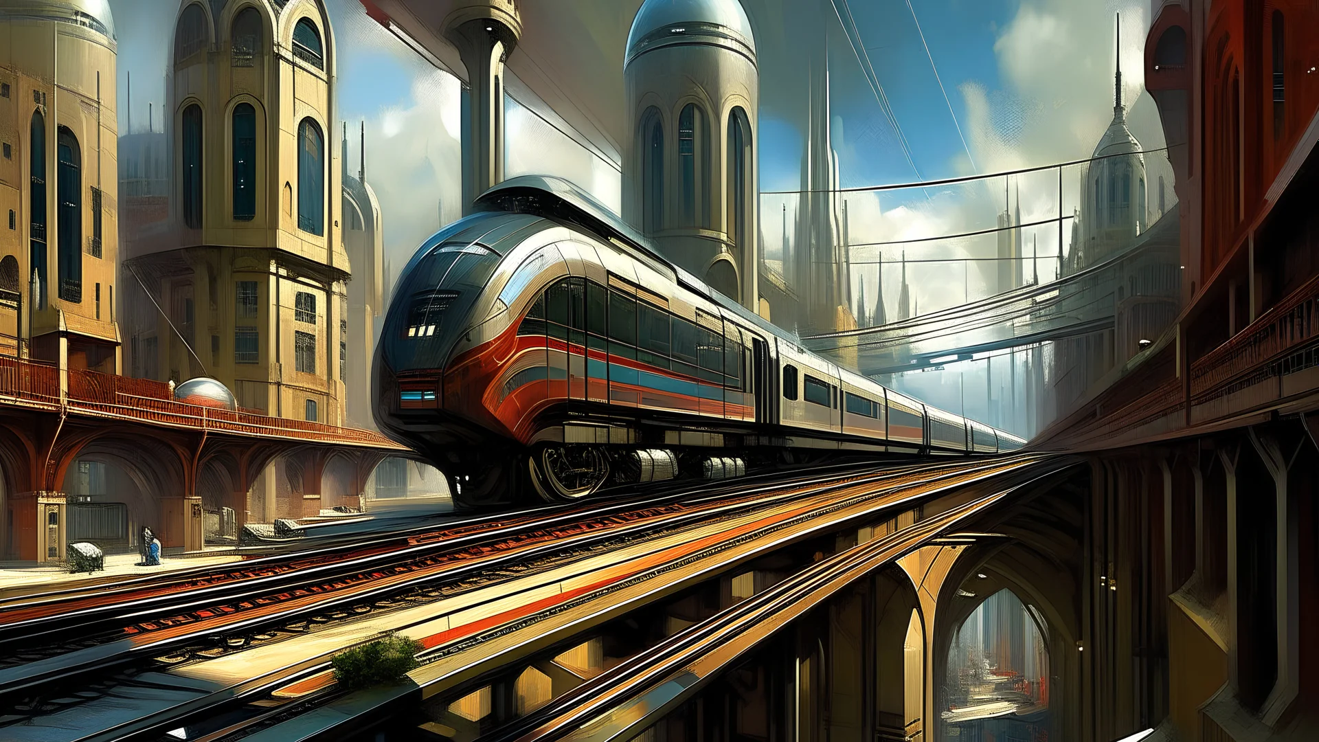 masterpiece, Italian futurism style, train track, buildings, carriage, cityscape