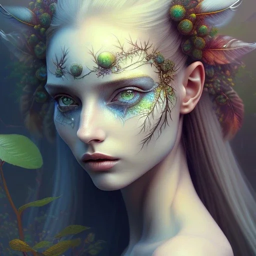 Portrait of beautiful girl, plant, metal, feathers, Dryad, fae, sidhe, ominous, nature, plants, wildflower, facepaint, dnd character portrait, intricate, oil on canvas, masterpiece, expert, insanely detailed, 4k resolution, retroanime style, cute big circular reflective eyes, cinematic smooth, intricate detail , soft smooth lighting, soft pastel colors, painted Renaissance style,bokeh, 800mm lens