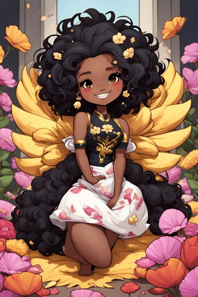 A sassy thick-lined comic book art cartoon black chibi girl lounging lazily on her side, surrounded by flower petals. She has a golden lion tail curling playfully behind her curvy body. Looking up coyly, she grins widely, showing sharp lion teeth. Her poofy hair forms a mane framing her confident, regal expression.