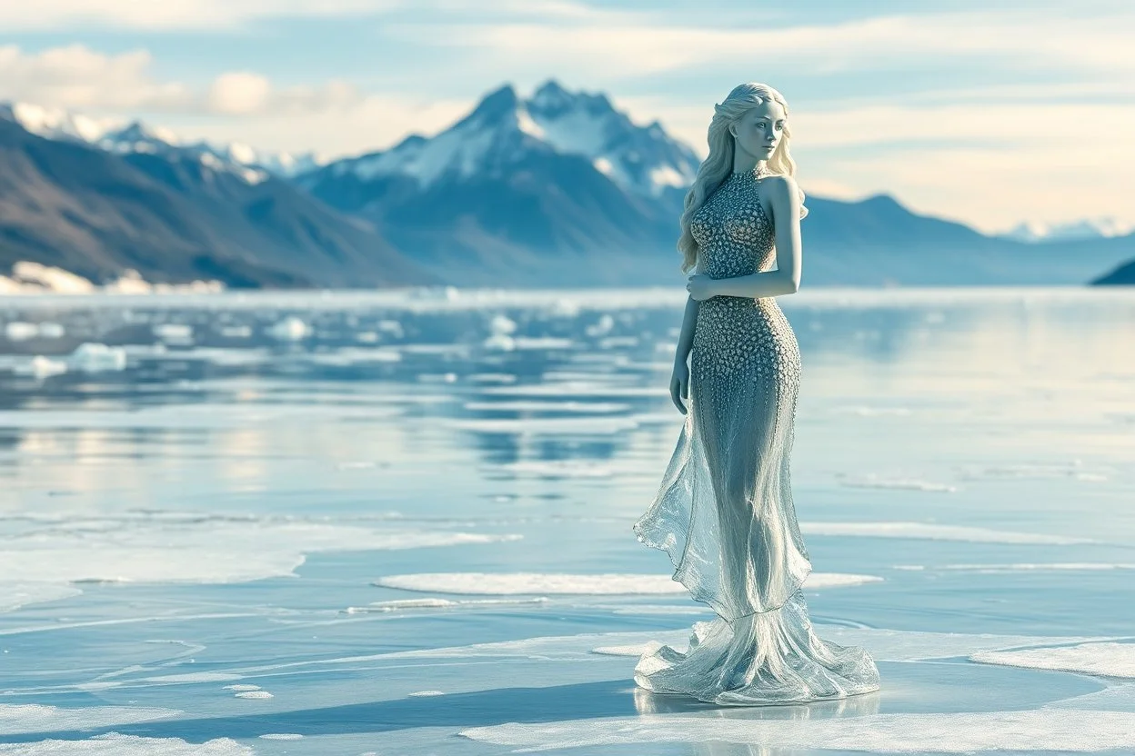 in a frozen sea with pretty mountains a full model lady statue with long curvy hair made and midi jeweled dress made of frozon water in artist pose standing over frozon water looking at camera, of clear glass like ice that going to melt and water drops fall from all body.