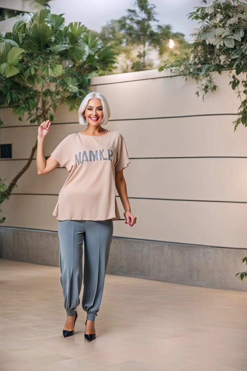 full body of very beautiful girl wearing pants and blouse ,white gray hair ,standing idle happy pose in studio pretty makeup