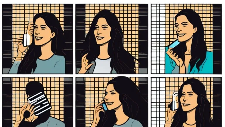 grid of 6 panels showing 12 different people in their house talking on the phone