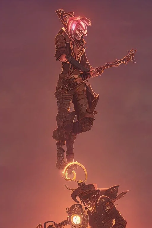 steampunk goblin holding an axe under a red moon in a dystopian city