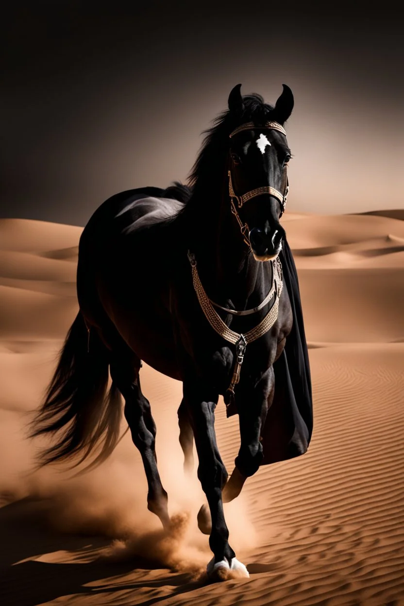 Photography Mistery of Black Ghost Arabian,Walking alonely on desert darkness night background