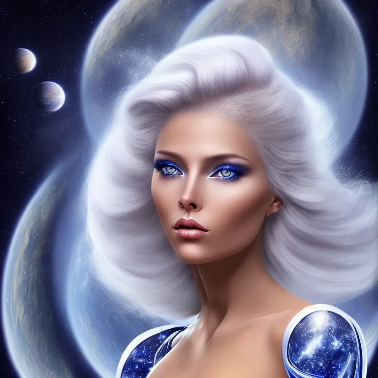 A beautiful portrait of a galactic woman blonde hair in a galactic suit in cosmos blue