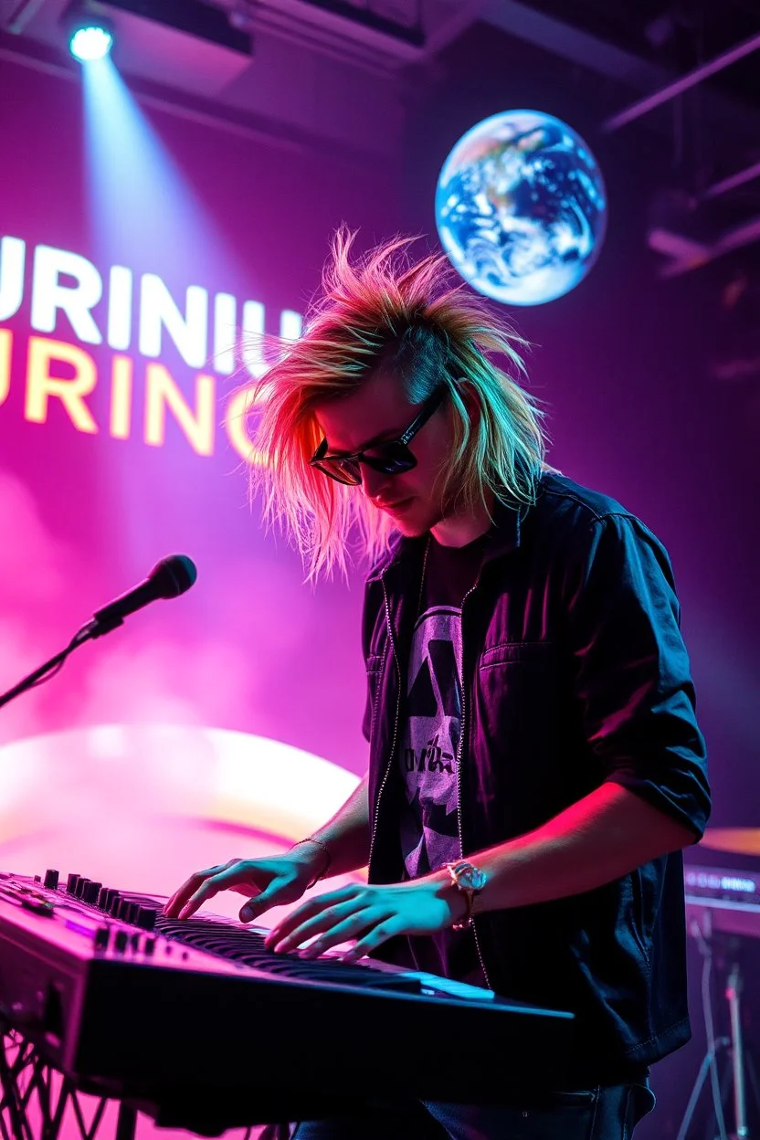 French cool synth player with crazy techno acid hair, he is called "Jean-Maurice Brûlée" performing at dance club, his name is "Jean-Maurice Brûlée" , white and orange Neon lights and oraNGE smog, and "URINIUM" big sign on the wall, he is playing on synthesizers on stage with lot of laser beams and wearing black sunglasses, an earth is projected in background