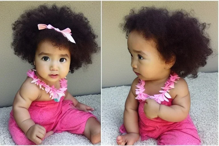 a beatiful little baby girl, 9 months, moana style, curly hair, mixed race