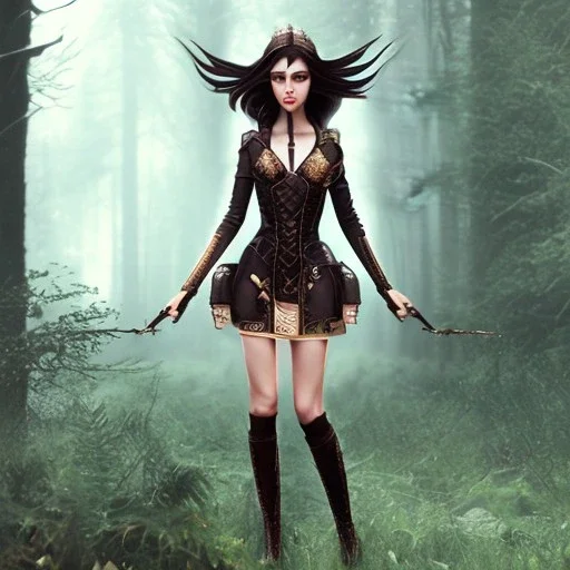 steampunk, dark forest, black hair, long legs, leather clothes