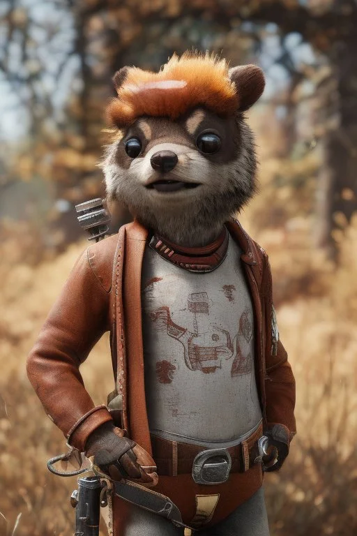 hi detail , gritty cartoon style cowboy bear squirrel , cute with long fur, bokeh like f/0.8, tilt-shift lens 8k, high detail, smooth render, down-light, unreal engine, prize winning, in the style of fallout 4 and gta 4