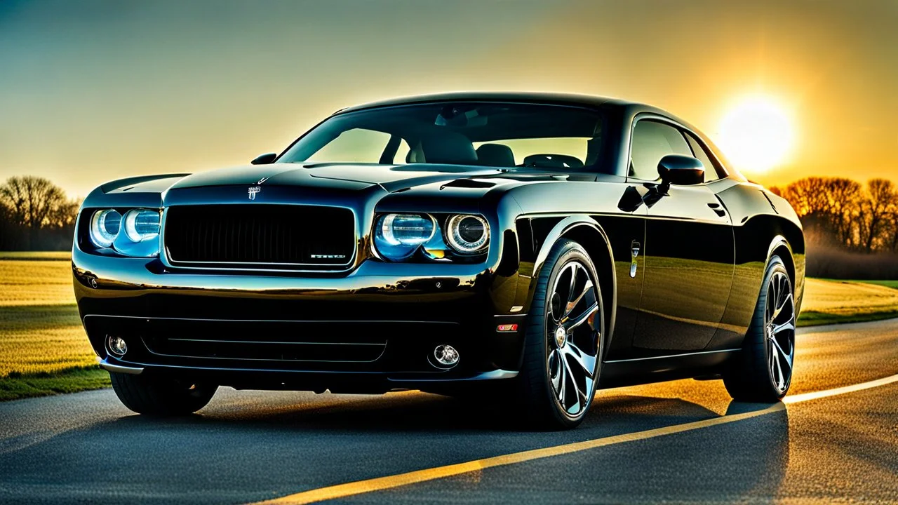 A sleek (((a fusion of dodge challenger and rolls royce))), its glossy shell reflecting the (((bright sun))), cutting through a (((clear bright blue morning sky)))